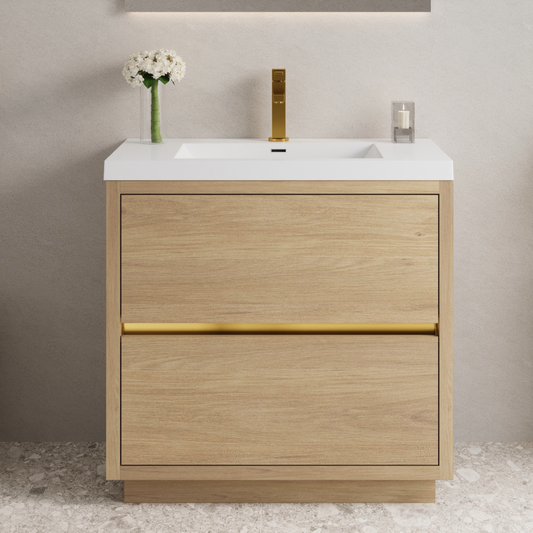 36" Freestanding Bathroom Vanity with Sink, Bathroom Storage Vanity Cabinet with Stone Resin Countertop and Soft Close Drawers, Natural Oak 24V14-36NO