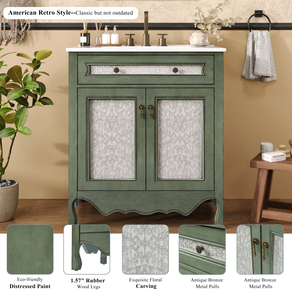 30" Antique Pattern Bathroom Vanity with Rectangle Ceramic Sink, Bathroom Vanity Cabinet with Tip-Out Tray / Flip-Out Drawer, Equipped with Antique Handles and Rubber Wood legs, Antique Green + Blue