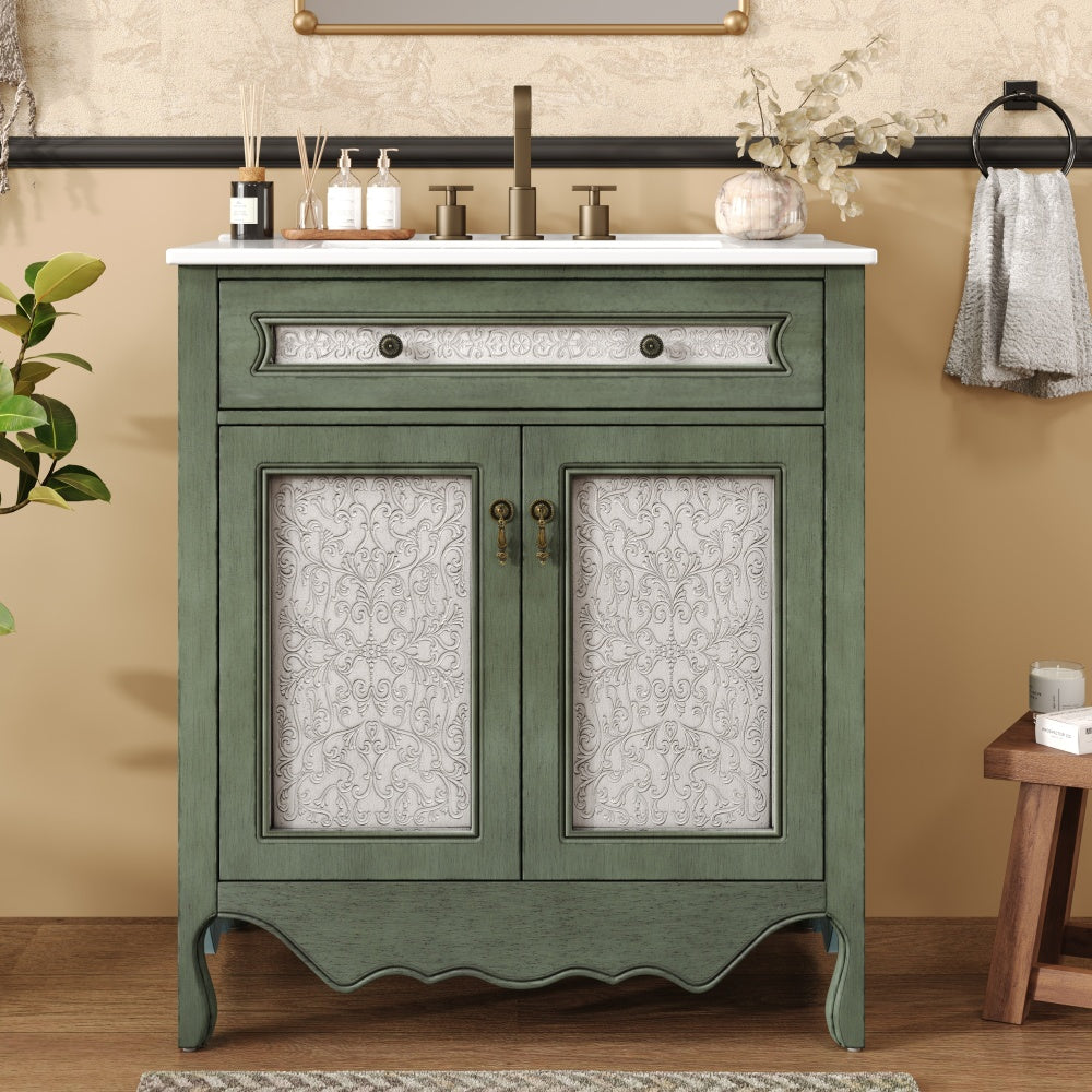 30" Antique Bathroom Vanity with Ceramic Sink, Mid-Century Modern Bathroom Vanity Cabinet with 2 Soft-Close Doors and Large Storage Space, Retro Freestanding Single Bathroom Vanity Set, Natural Brown