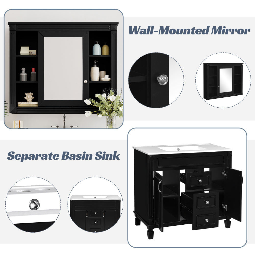36'' Bathroom Vanity with Top Sink, Black Mirror Cabinet, Modern Bathroom Storage Cabinet with 2 Soft Closing Doors and 2 Drawers, Single Sink Bathroom Vanity