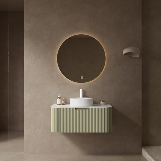 DINA 36" Bathroom Vanity with Sink, Modern Wall-Mounted Floating Curved Edges Striped Bathroom Storage Cabinet with a Drawer, White Round Ceramic Basin without Faucet, Pre-assembled, Light Green Color
