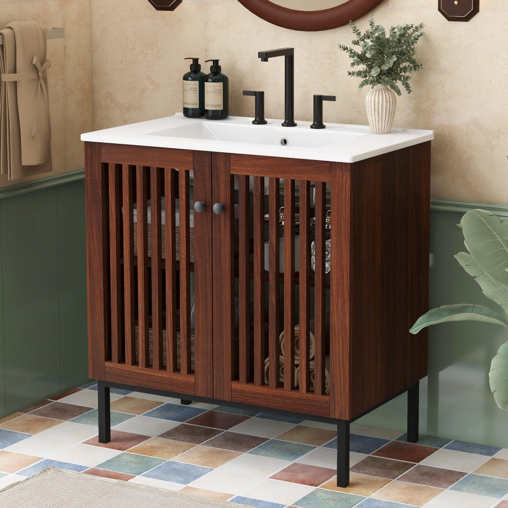30" Vintage Bathroom Vanity with Ceramic Sink, Modern Bathroom Vanity Cabinet with 2 Soft-Close Doors (Fence-Design) and Large Storage Space, Equpiied with 4 Sturdy Iron Legs, Antique Dark Brown