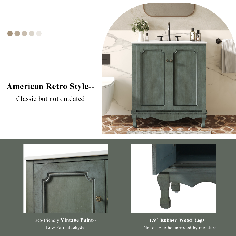 30" Vintage Bathroom Vanity with Rectangle Ceramic Sink,  Bathroom Vanity Cabinet with Antique Handles and 2 Doors, Bathroom Storage Cabinet with Rubber Wood Legs and Adjustable shelves, Antique Blue
