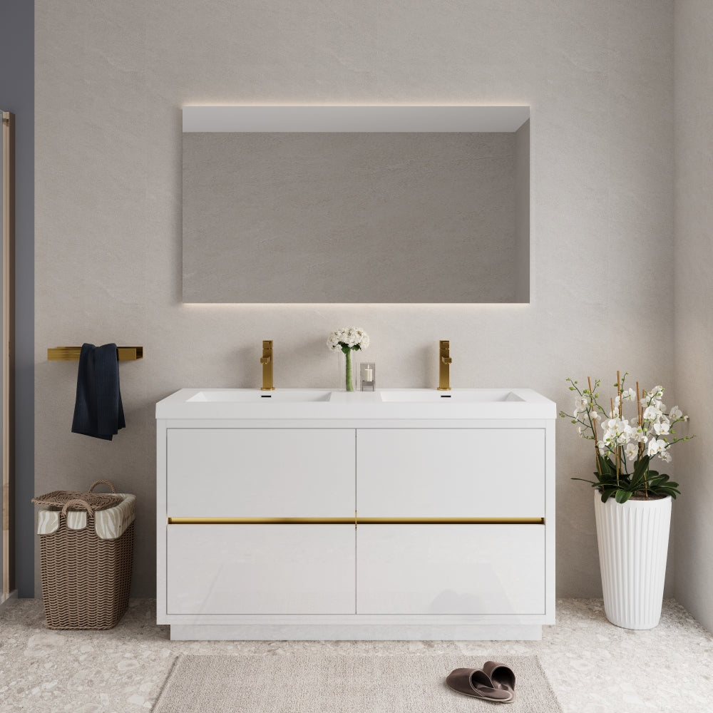 60" Freestanding Bathroom Vanity with Sink, Bathroom Storage Vanity Cabinet with Stone Resin Countertop and Soft Close Drawers, Glossy White 24V14-60DGW