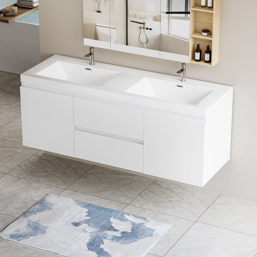 60" Floating Bathroom Vanity with Sink, Modern Wall-Mounted Bathroom Storage Vanity Cabinet with Double Resin Top Basin and Two Soft Close Drawers, Glossy White 24V11-60DGW