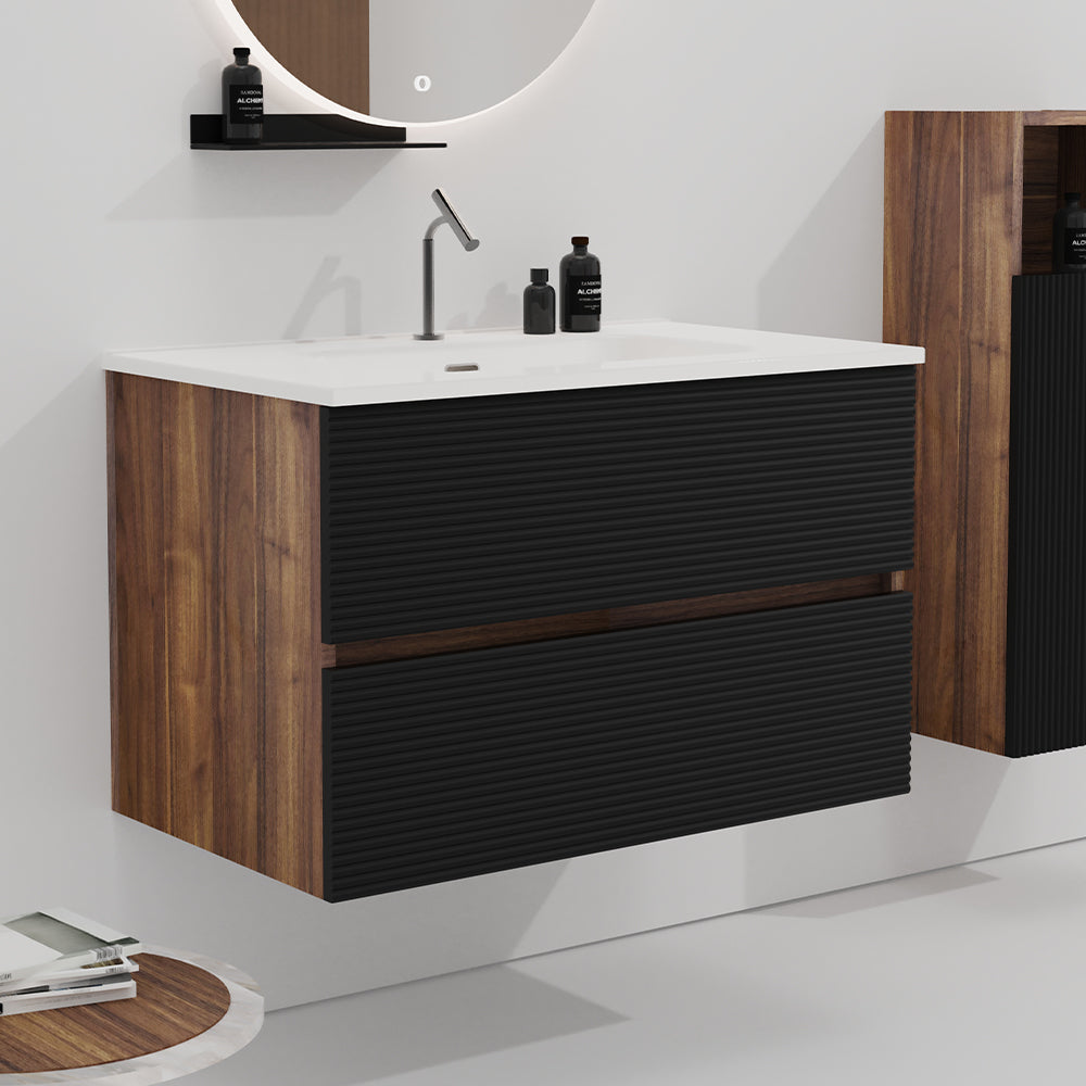 Gloria 30" Wall Mounted Rough Oak&Rough Oak Bathroom Vanity with Integrated Ceramic Sink with Overflow, Large Storage Floating Bathroom Vanity for Modern Bathroom, Pre-assembled