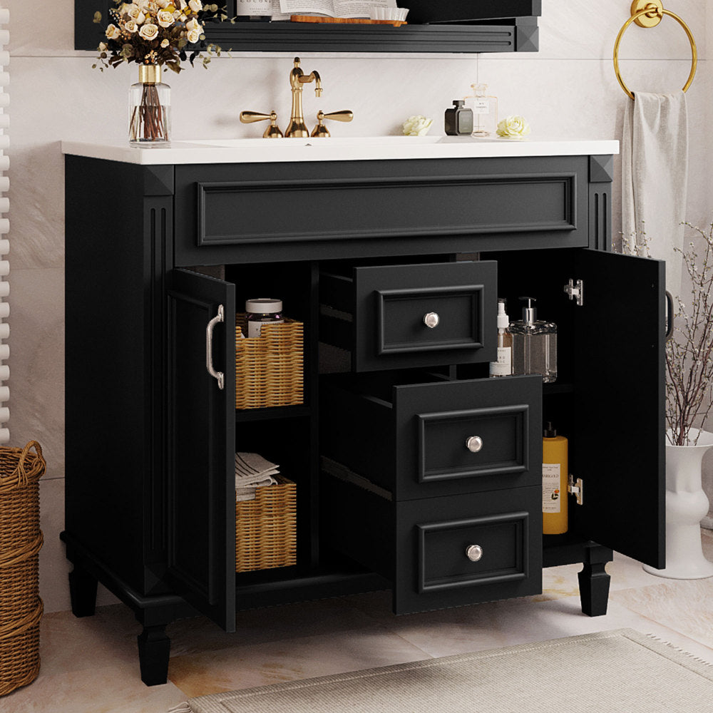 36'' Bathroom Vanity with Top Sink, Mirror Cabinet, Modern Bathroom Storage Cabinet with 2 Soft Closing Doors and 2 Drawers, Single Sink Bathroom Vanity