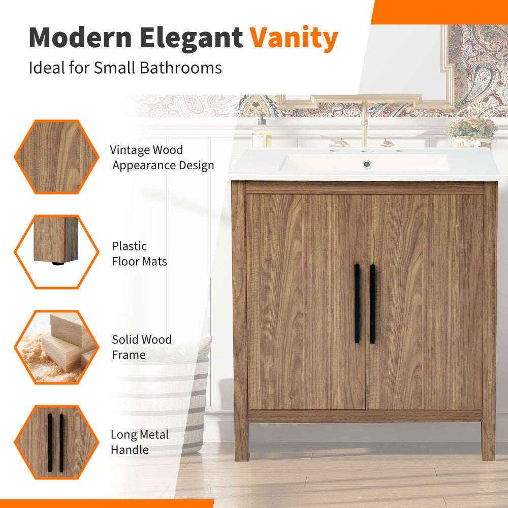 30" Wood Color Bathroom Vanity with Single Sink, Combination Under Counter Sink, Bathroom Storage Cabinet with Soft Closing Door, Multi-Function Storage, Solid Wood Frame
