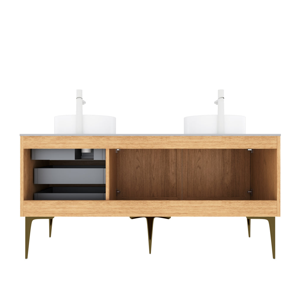 MUNIN 60" Bathroom Vanity with 2 Sinks, Freestanding Plywood Storage Cabinet with 5 Metal Legs, 3 Drawers and 2 Doors, White Ceramic Basin without Faucet, Pre-assembled, Oak Woodgrain Color