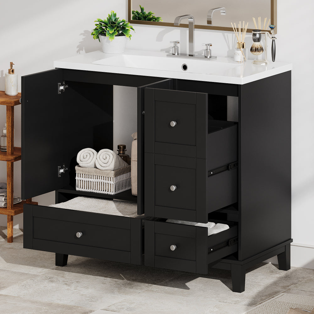 36 Inch Modern Bathroom Vanity with USB Charging, Two Doors and Three Drawers Bathroom Storage Vanity Cabinet, Small Bathroom Vanity cabinet with single sink , White & Gray Blue - Faucets Not Included