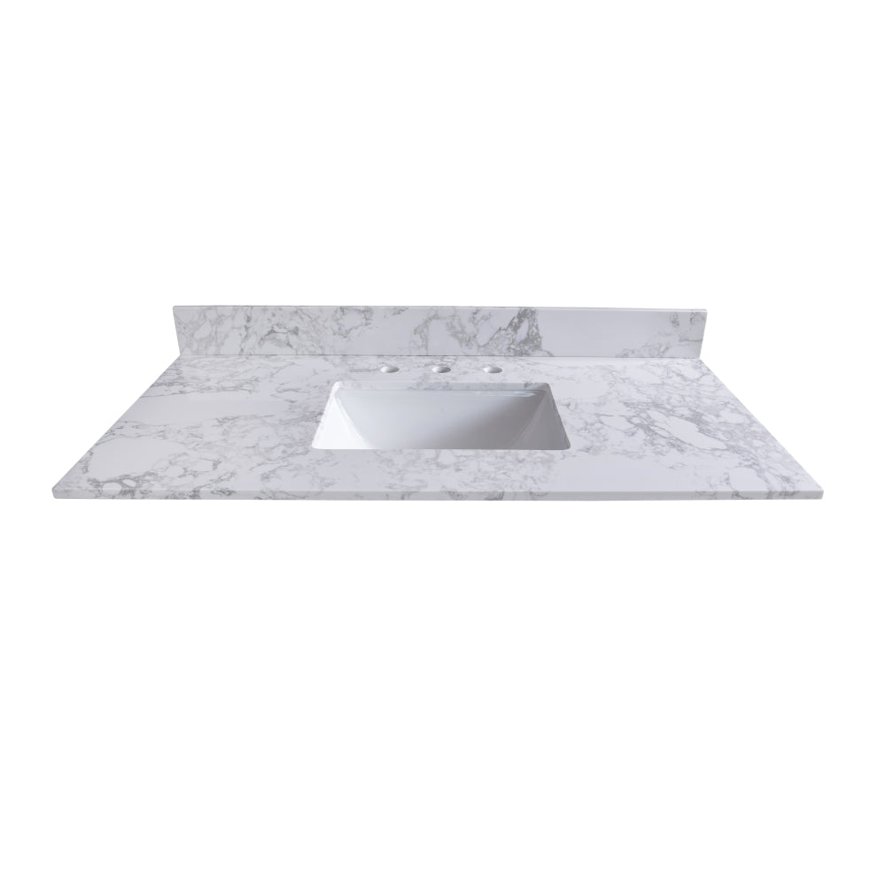 Montary 49x22inch  bathroom stone vanity top  engineered stone carrara white marble color with rectangle undermount ceramic sink and 3 faucet hole with back splash .