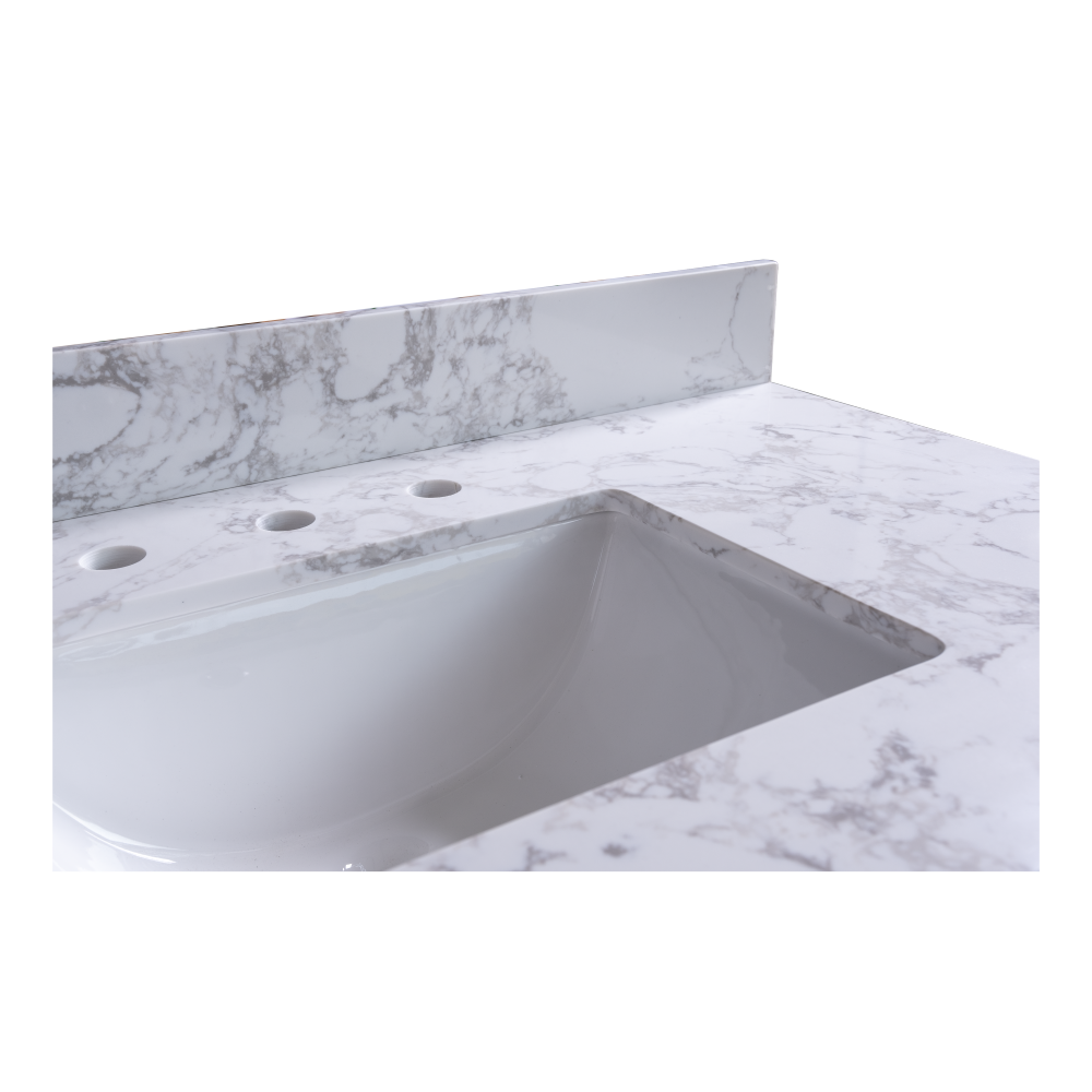 Montary 49x22inch  bathroom stone vanity top  engineered stone carrara white marble color with rectangle undermount ceramic sink and 3 faucet hole with back splash .