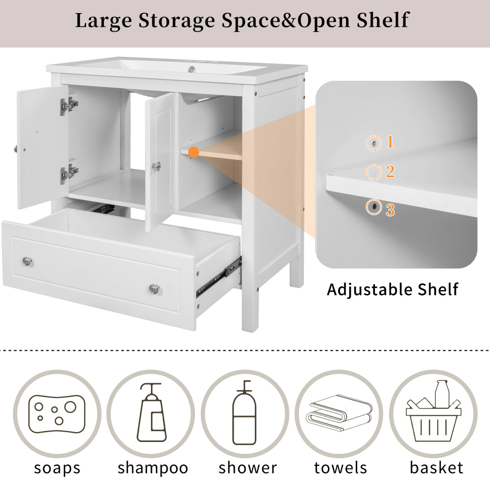 [VIDEO] 30" Bathroom Vanity with Sink, Bathroom Storage Cabinet with Doors and Drawers, Solid Wood Frame, Ceramic Sink, White (Old Sku:JL000002AAK)