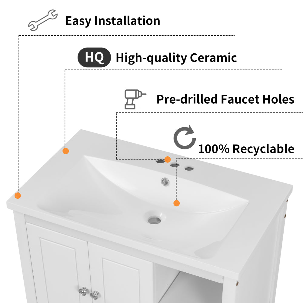 [VIDEO] 30" Bathroom Vanity with Sink, Bathroom Storage Cabinet with Doors and Drawers, Solid Wood Frame, Ceramic Sink, White (Old Sku:JL000002AAK)
