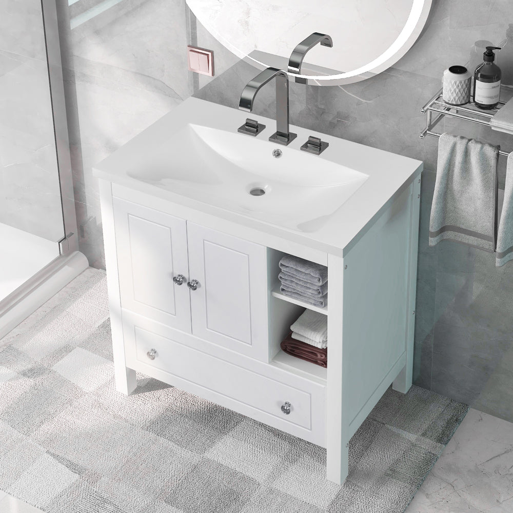 30" Bathroom Vanity Base Only, Solid Wood Frame, Bathroom Storage Cabinet with Doors and Drawers, Grey