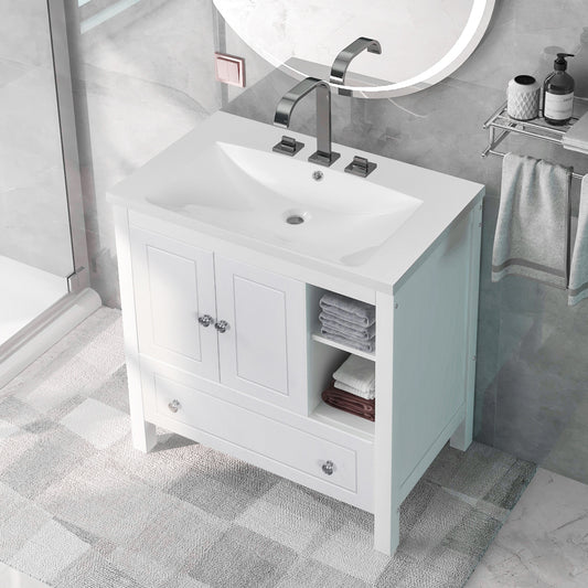 [VIDEO] 30" Bathroom Vanity with Sink, Bathroom Storage Cabinet with Doors and Drawers, Solid Wood Frame, Ceramic Sink, White (Old Sku:JL000002AAK)