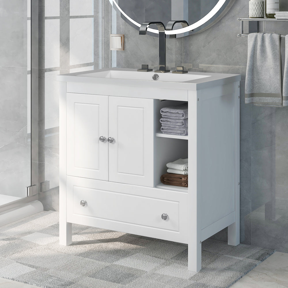 [VIDEO] 30" Bathroom Vanity with Sink, Bathroom Storage Cabinet with Doors and Drawers, Solid Wood Frame, Ceramic Sink, White (Old Sku:JL000002AAK)