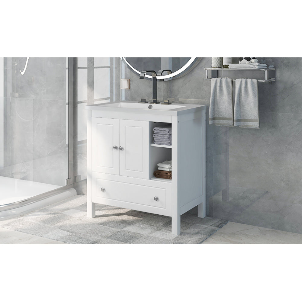 [VIDEO] 30" Bathroom Vanity with Sink, Bathroom Storage Cabinet with Doors and Drawers, Solid Wood Frame, Ceramic Sink, White (Old Sku:JL000002AAK)