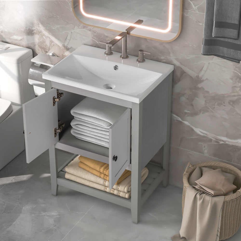 [VIDEO] 24" Brown Modern Sleek Bathroom Vanity Elegant Ceramic Sink with Solid Wood Frame Open Style Shelf (OLD SKU: JL000004AAD)