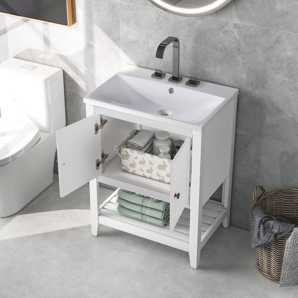 [VIDEO] 24" Brown Modern Sleek Bathroom Vanity Elegant Ceramic Sink with Solid Wood Frame Open Style Shelf (OLD SKU: JL000004AAD)