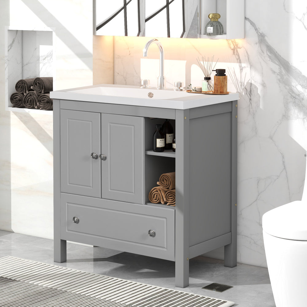 30" Bathroom Vanity Base Only, Solid Wood Frame, Bathroom Storage Cabinet with Doors and Drawers, Grey