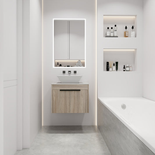 24 " Modern Design Float Bathroom Vanity With Ceramic Basin Set,  Wall Mounted White Oak Vanity  With Soft Close Door,KD-Packing,KD-Packing,2 Pieces Parcel(TOP-BAB101MOWH)