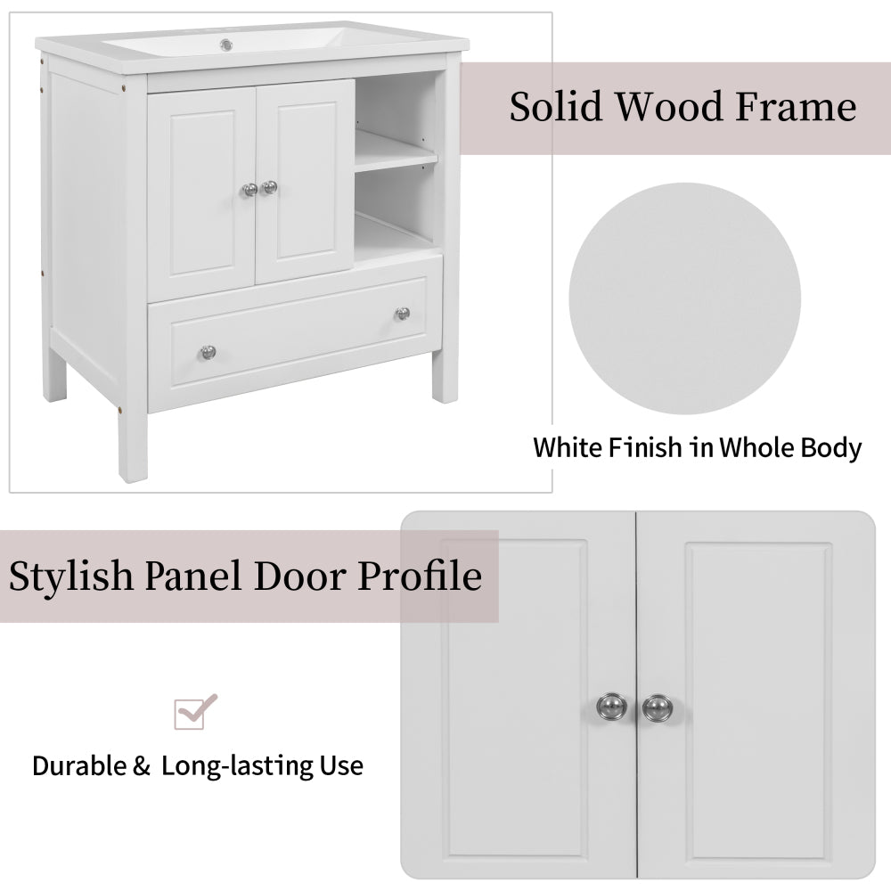 [VIDEO] 30" Bathroom Vanity with Sink, Bathroom Storage Cabinet with Doors and Drawers, Solid Wood Frame, Ceramic Sink, White (Old Sku:JL000002AAK)