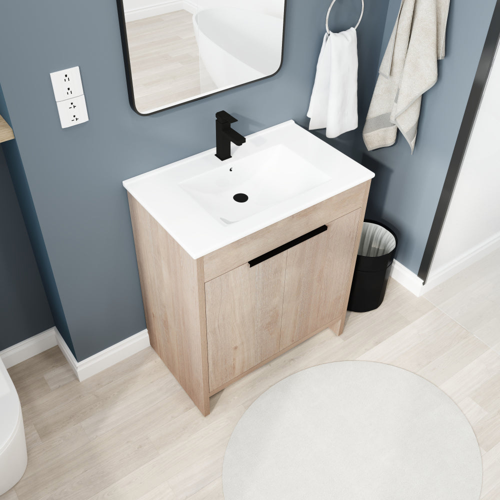 Melamine cabinet 30 Inch Freestanding Bathroom Vanity with White Ceramic Sink & 2 Soft-Close Cabinet Doors (BVB02430PLO-BL9075B)=W999S00063