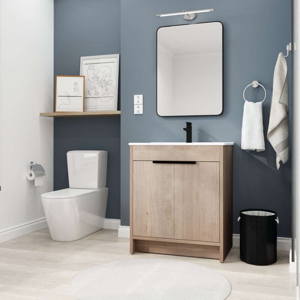 Melamine cabinet 30 Inch Freestanding Bathroom Vanity with White Ceramic Sink & 2 Soft-Close Cabinet Doors (BVB02430PLO-BL9075B)=W999S00063