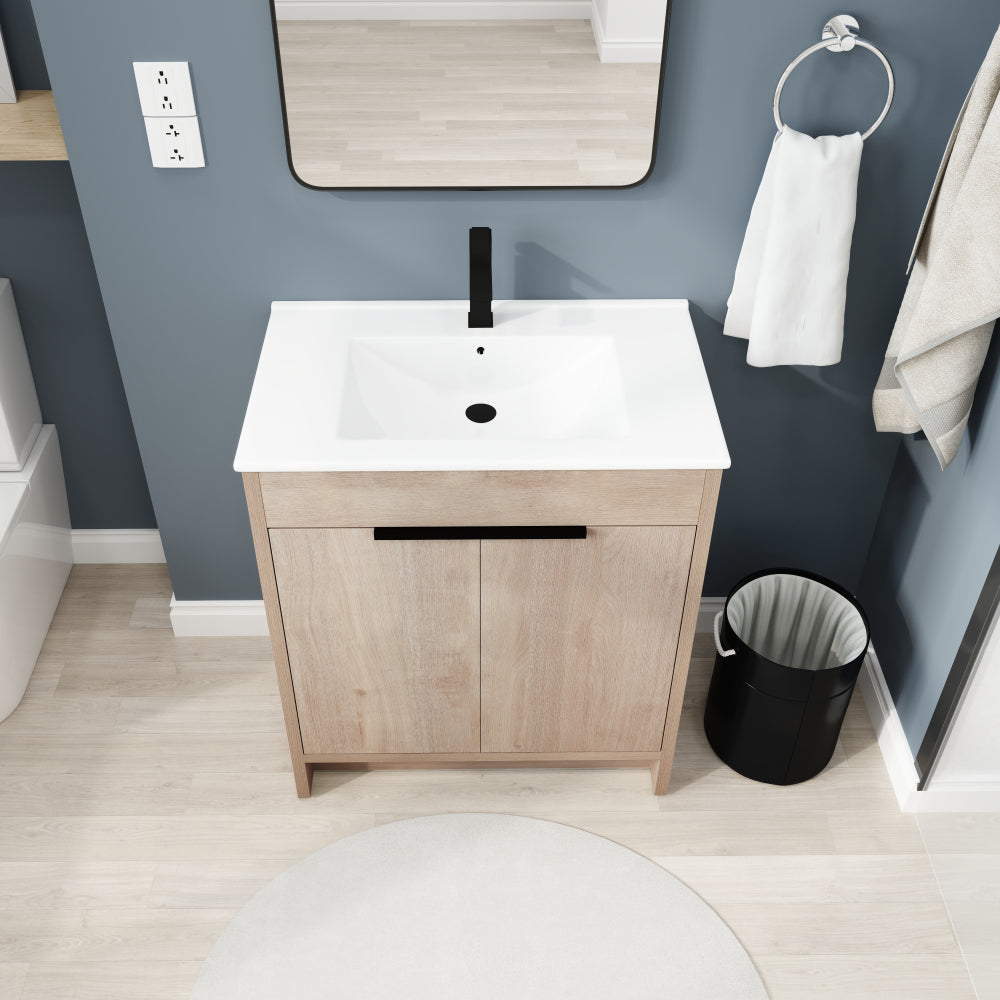 Melamine cabinet 30 Inch Freestanding Bathroom Vanity with White Ceramic Sink & 2 Soft-Close Cabinet Doors (BVB02430PLO-BL9075B)=W999S00063