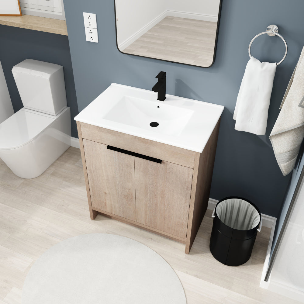 Melamine cabinet 30 Inch Freestanding Bathroom Vanity with White Ceramic Sink & 2 Soft-Close Cabinet Doors (BVB02430PLO-BL9075B)=W999S00063