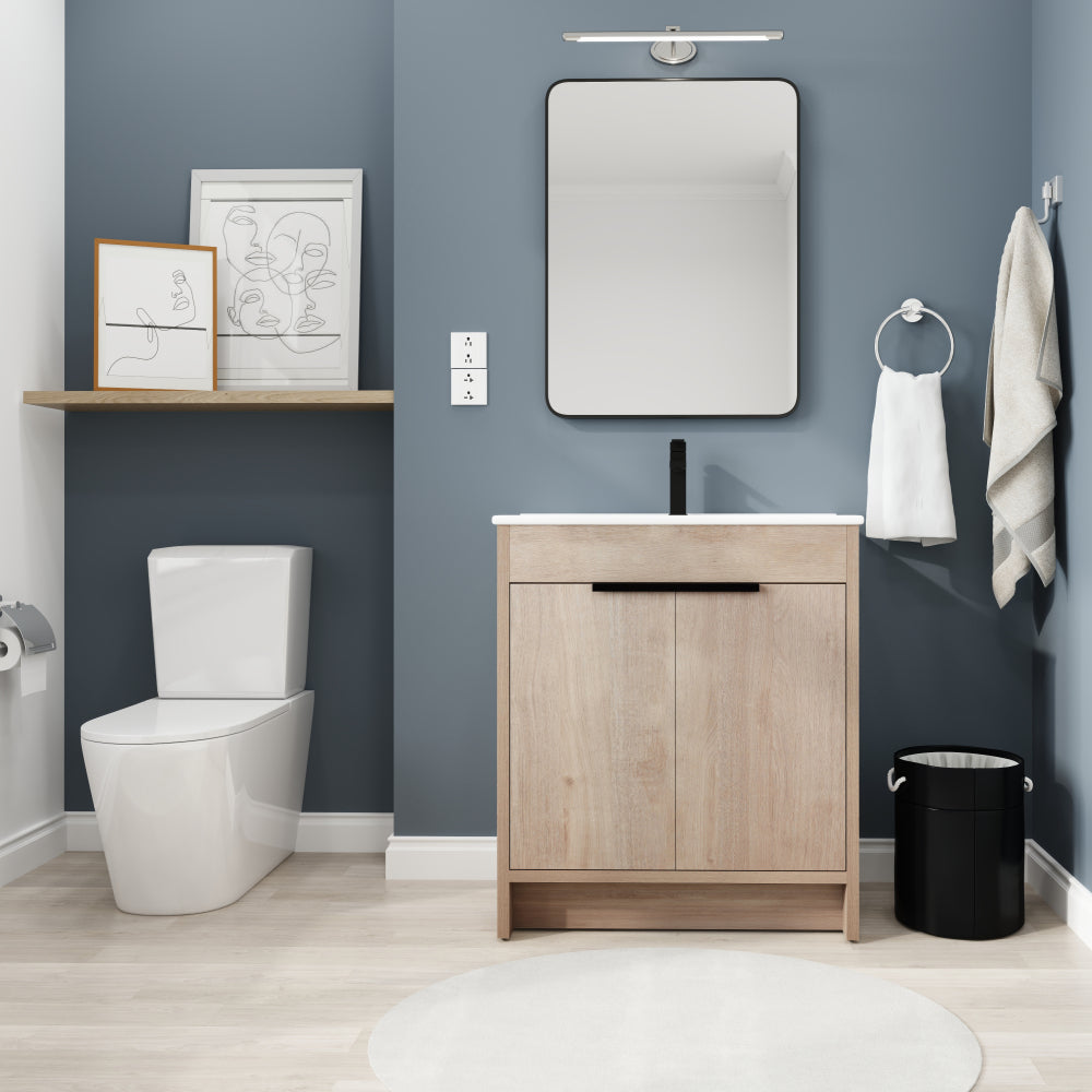 Melamine cabinet 30 Inch Freestanding Bathroom Vanity with White Ceramic Sink & 2 Soft-Close Cabinet Doors (BVB02430PLO-BL9075B)=W999S00063