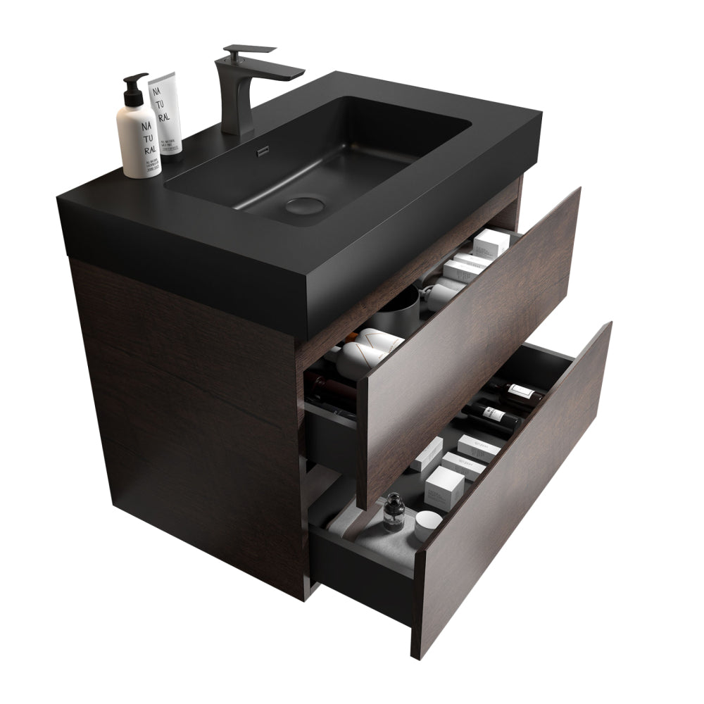 Alice 30" Walnut Bathroom Vanity with Sink, Large Storage Wall Mounted Floating Bathroom Vanity for Modern Bathroom, One-Piece Black Sink Basin without Drain and Faucet, Pre-assembled