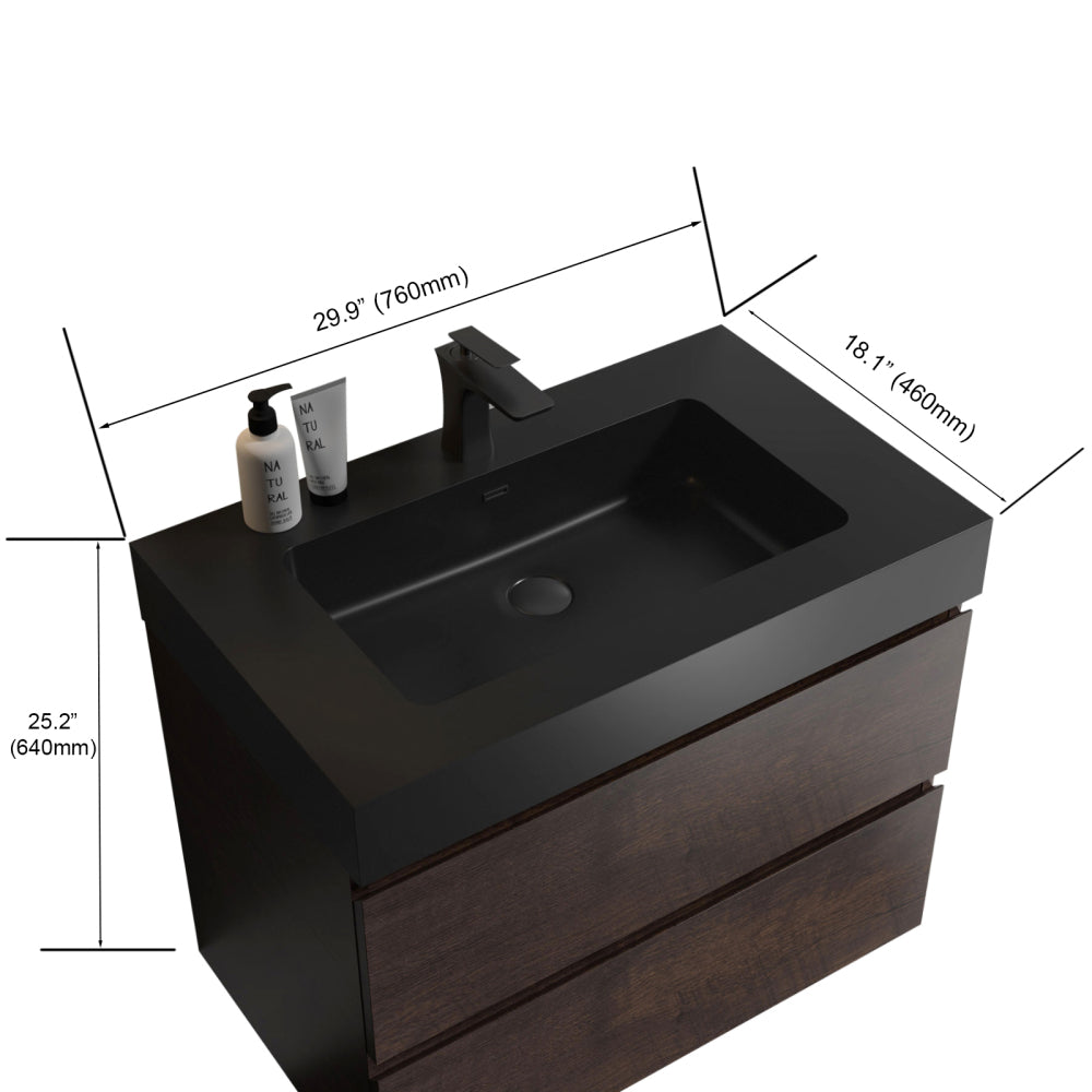 Alice 30" Walnut Bathroom Vanity with Sink, Large Storage Wall Mounted Floating Bathroom Vanity for Modern Bathroom, One-Piece Black Sink Basin without Drain and Faucet, Pre-assembled