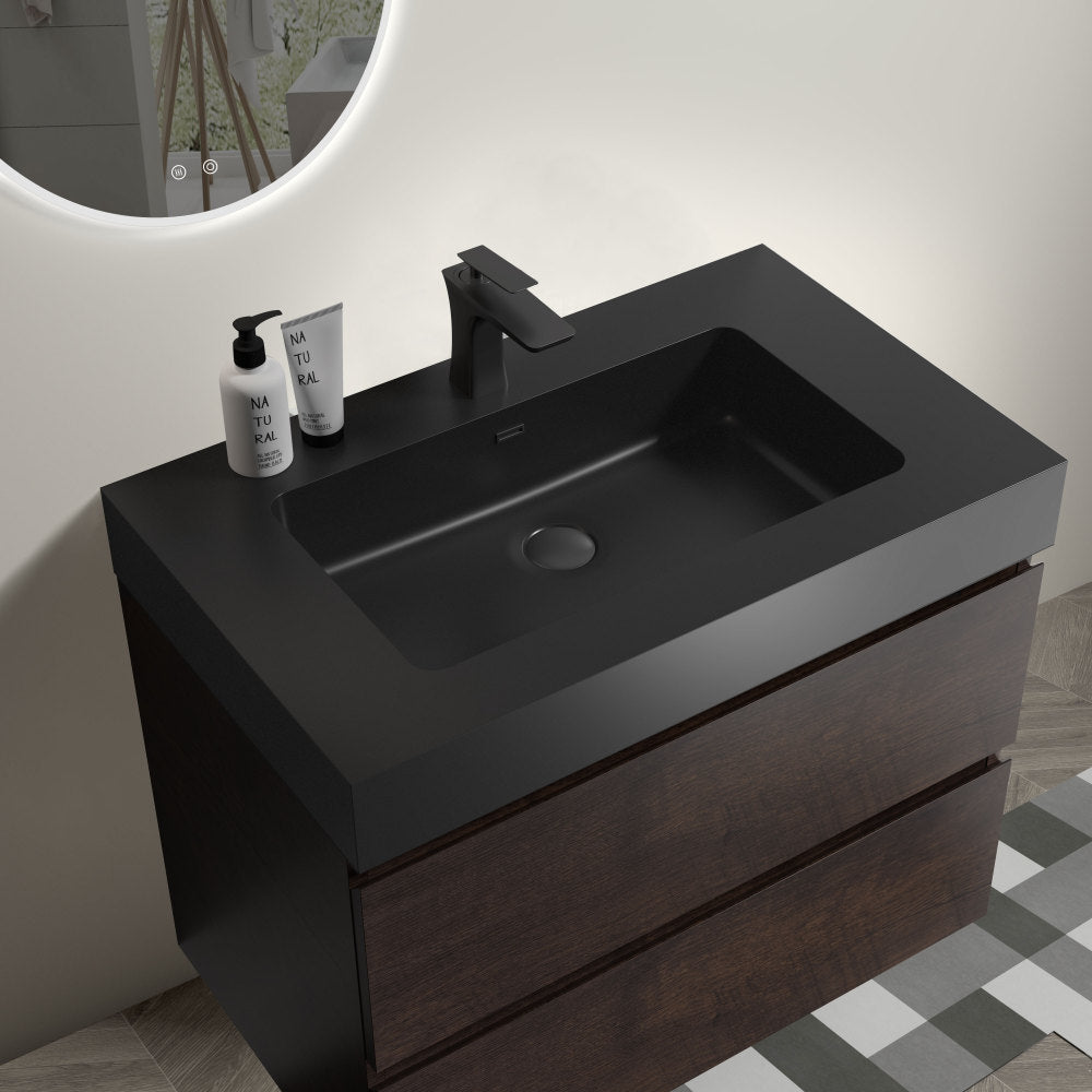 Alice 30" Walnut Bathroom Vanity with Sink, Large Storage Wall Mounted Floating Bathroom Vanity for Modern Bathroom, One-Piece Black Sink Basin without Drain and Faucet, Pre-assembled
