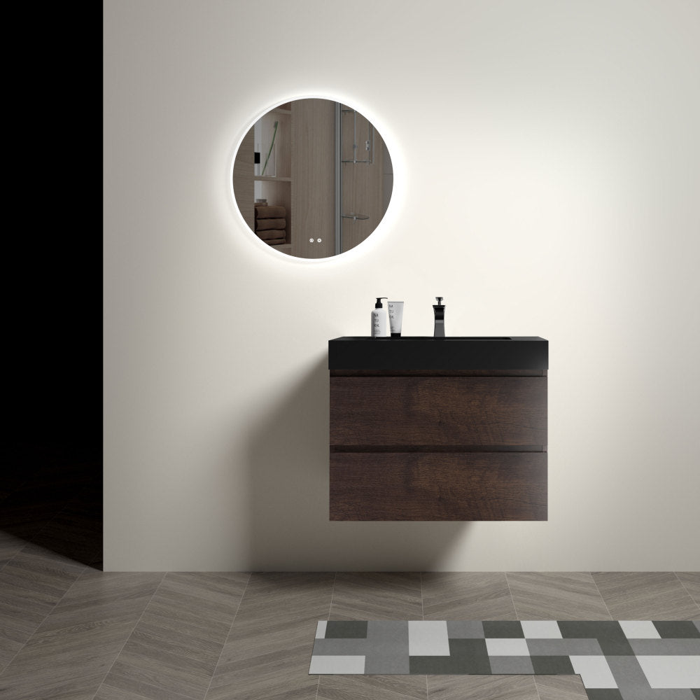 Alice 30" Walnut Bathroom Vanity with Sink, Large Storage Wall Mounted Floating Bathroom Vanity for Modern Bathroom, One-Piece Black Sink Basin without Drain and Faucet, Pre-assembled