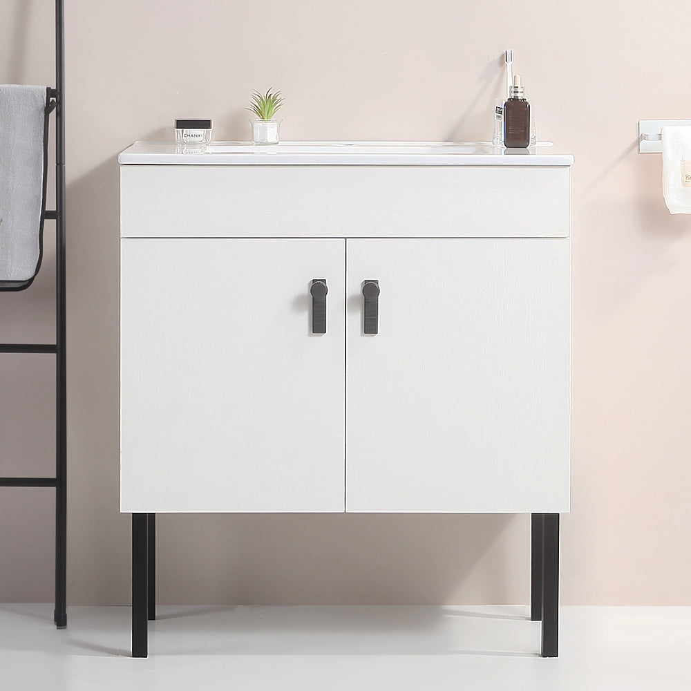 30" Bathroom Vanity with Metal Leg,with White Ceramic Basin,Two Soft Close Cabinet Doors, Solid Wood,Excluding faucets,Black