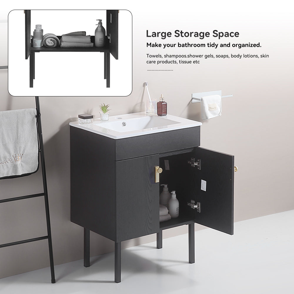 30" Bathroom Vanity with Metal Leg,with White Ceramic Basin,Two Soft Close Cabinet Doors, Solid Wood,Excluding faucets,Black