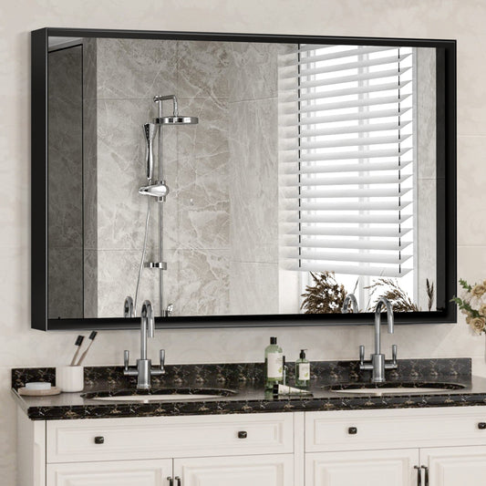 36x30inch Glossy Black Bathroom Mirrors For Wall Rectangle Vanity Mirror Corner Hangs Farmhouse Mirror Modern Metal Framed Rectangular Mirror, Decorative Square Corner Mirror(Horizontal & Vertical)