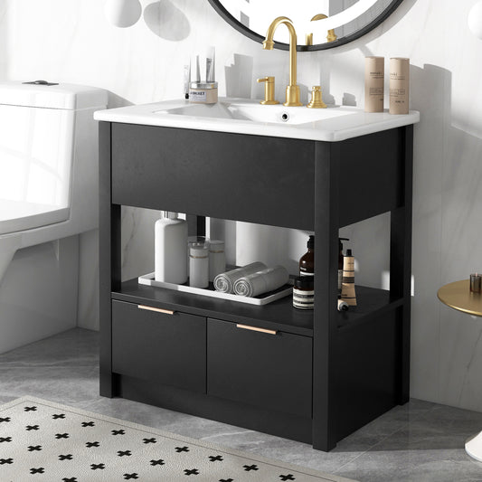 30" Bathroom Vanity with Sink Top, Bathroom Cabinet with Open Storage Shelf and Two Drawers, One Package, Black (Old Sku:WF311619AAP)