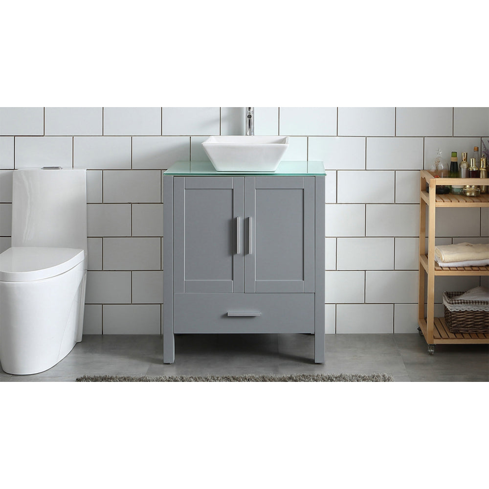 Goodyo 30" Bathroom Vanity and Sink Combo Glass Top Cabinet w/Mirror, Gray