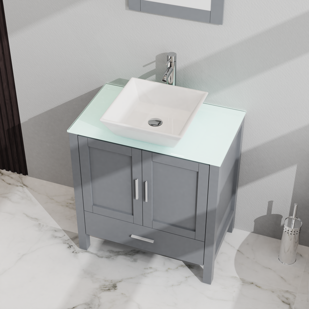 Goodyo 30" Bathroom Vanity and Sink Combo Glass Top Cabinet w/Mirror, Gray