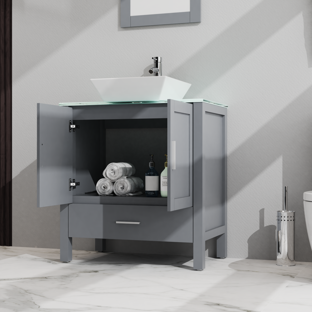 Goodyo 30" Bathroom Vanity and Sink Combo Glass Top Cabinet w/Mirror, Gray