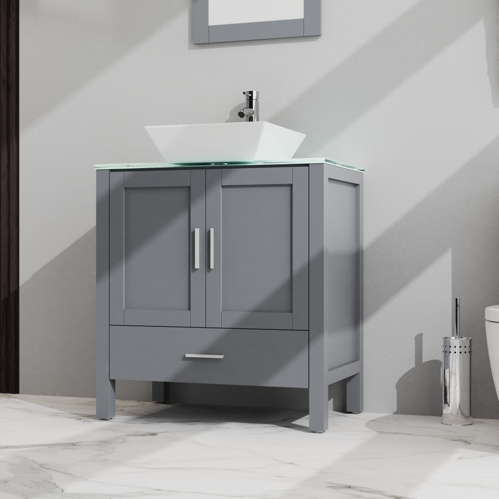 Goodyo 30" Bathroom Vanity and Sink Combo Glass Top Cabinet w/Mirror, Gray