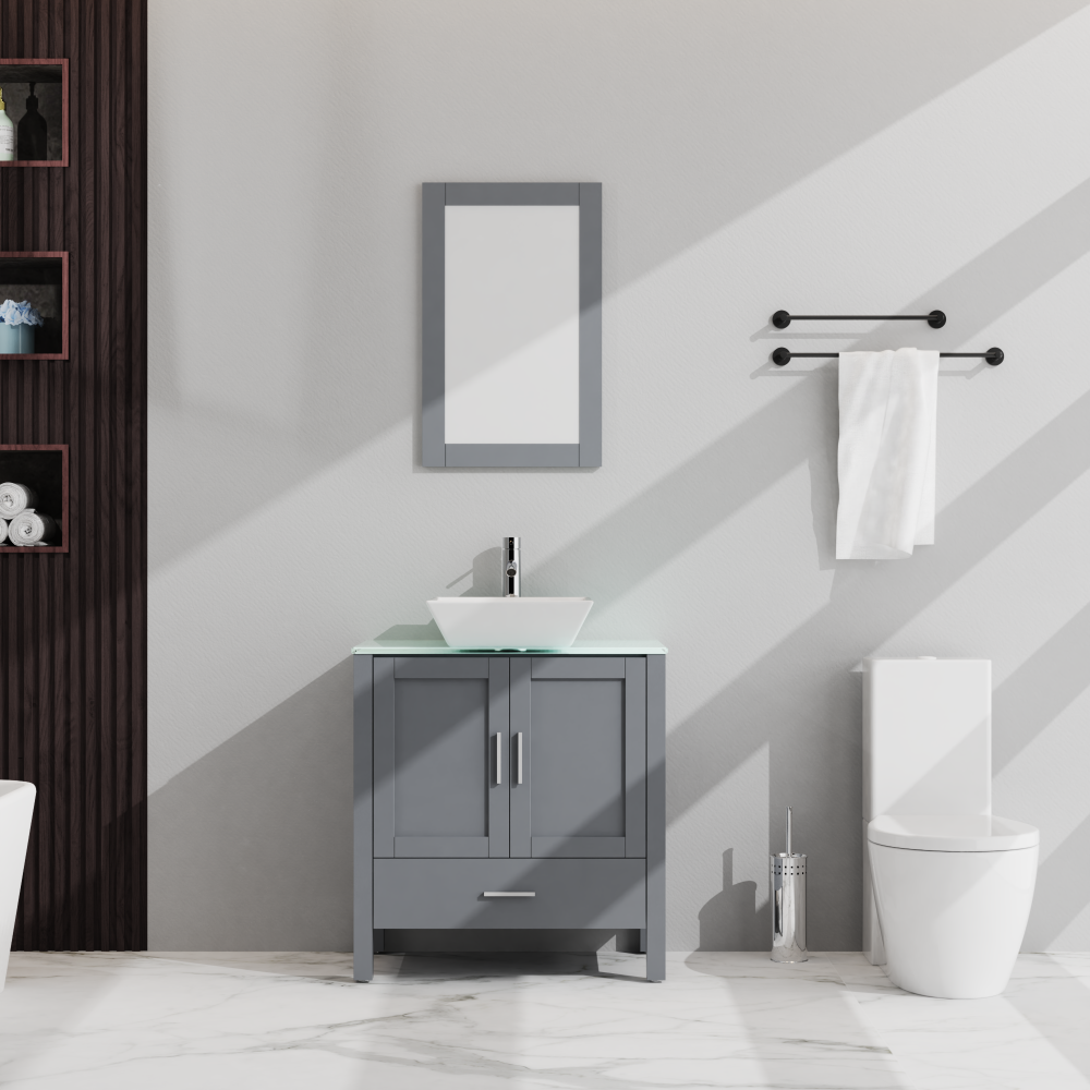 Goodyo 30" Bathroom Vanity and Sink Combo Glass Top Cabinet w/Mirror, Gray