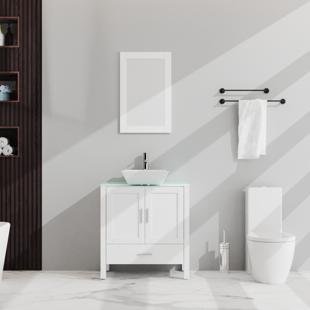 Goodyo 30" Bathroom Vanity and Sink Combo Glass Top Cabinet w/Mirror, Gray