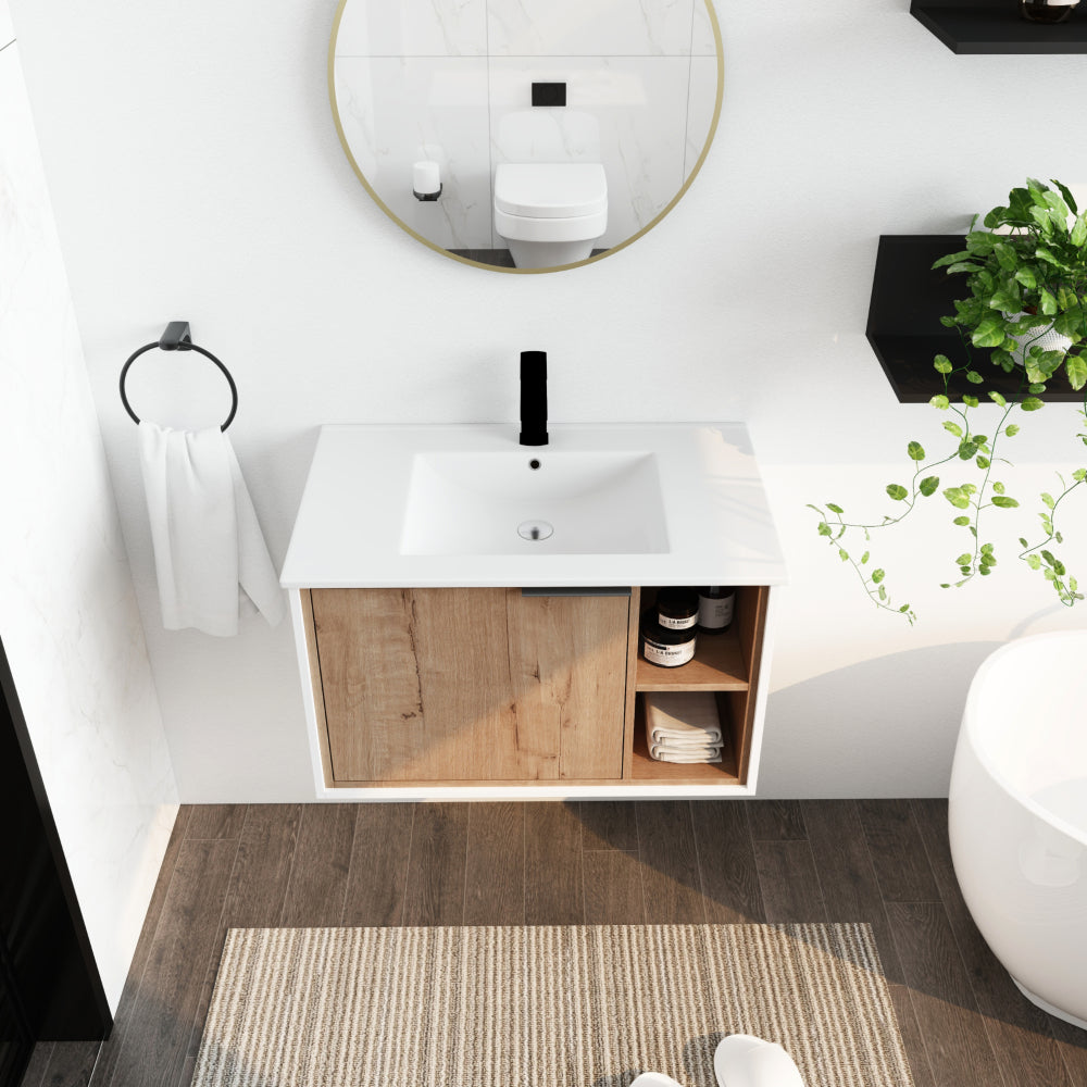 Melamine cabinet 30'' Floating Wall-Mounted Bathroom Vanity with Ceramics Sink & Soft-Close Cabinet Door
