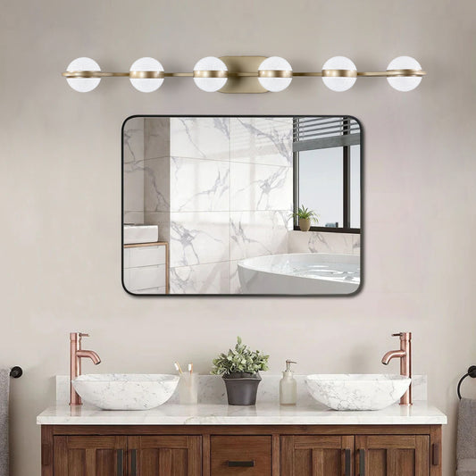 (Same as W1340P143676/L2001-G-6) 43" Gold Minimalist LED Bathroom Vanity Light with Crystal Sand Acrylic Shades, 6-Light Wall Mounted Decorative Lighting Fixture, Suitable for Bathroom Vanity Mirror
