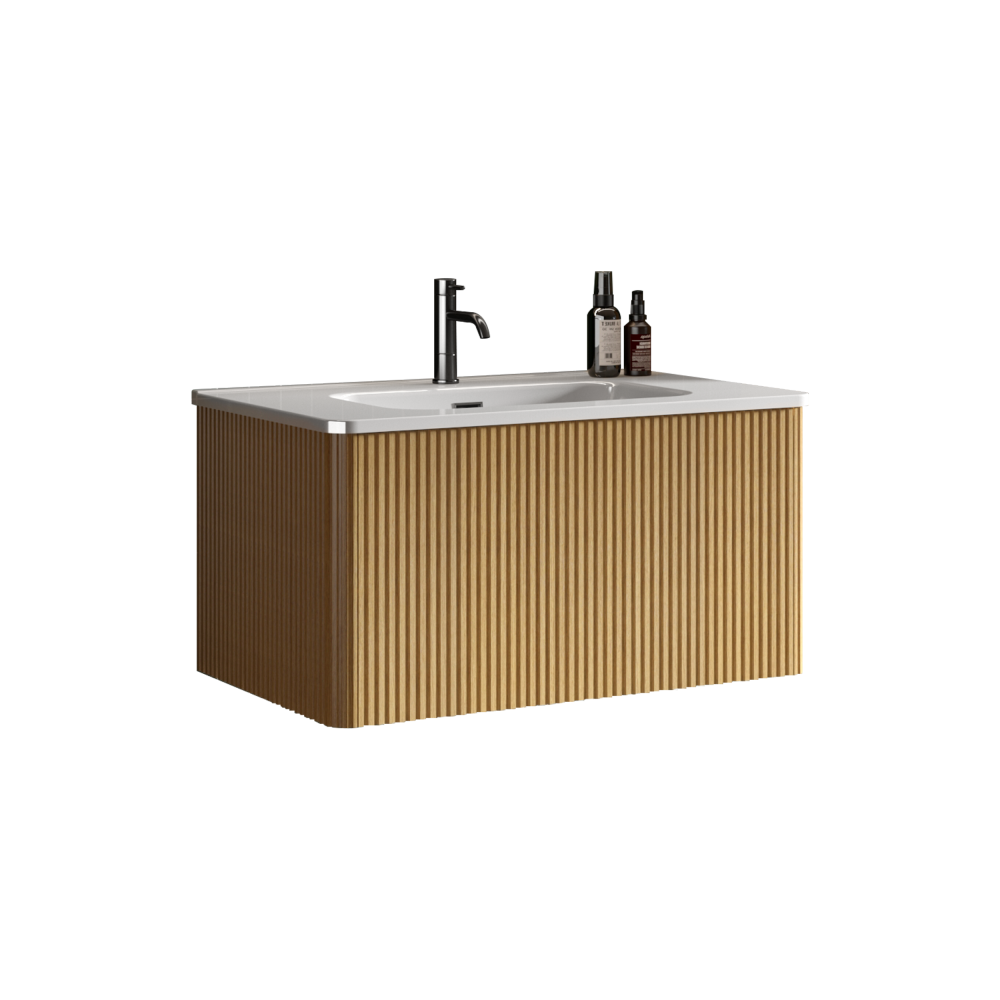 U049-Etna30W-306 Etna 30" Striped Natural Oak Bathroom Vanity with White Ceramic Sink, Wall Mounted Floating Bathroom Vanity for Modern Bathroom, One-Piece White Basin without Drain, Pre-assembled