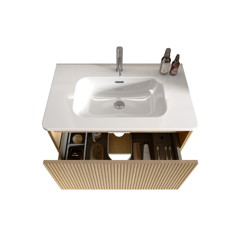 U049-Etna30W-306 Etna 30" Striped Natural Oak Bathroom Vanity with White Ceramic Sink, Wall Mounted Floating Bathroom Vanity for Modern Bathroom, One-Piece White Basin without Drain, Pre-assembled
